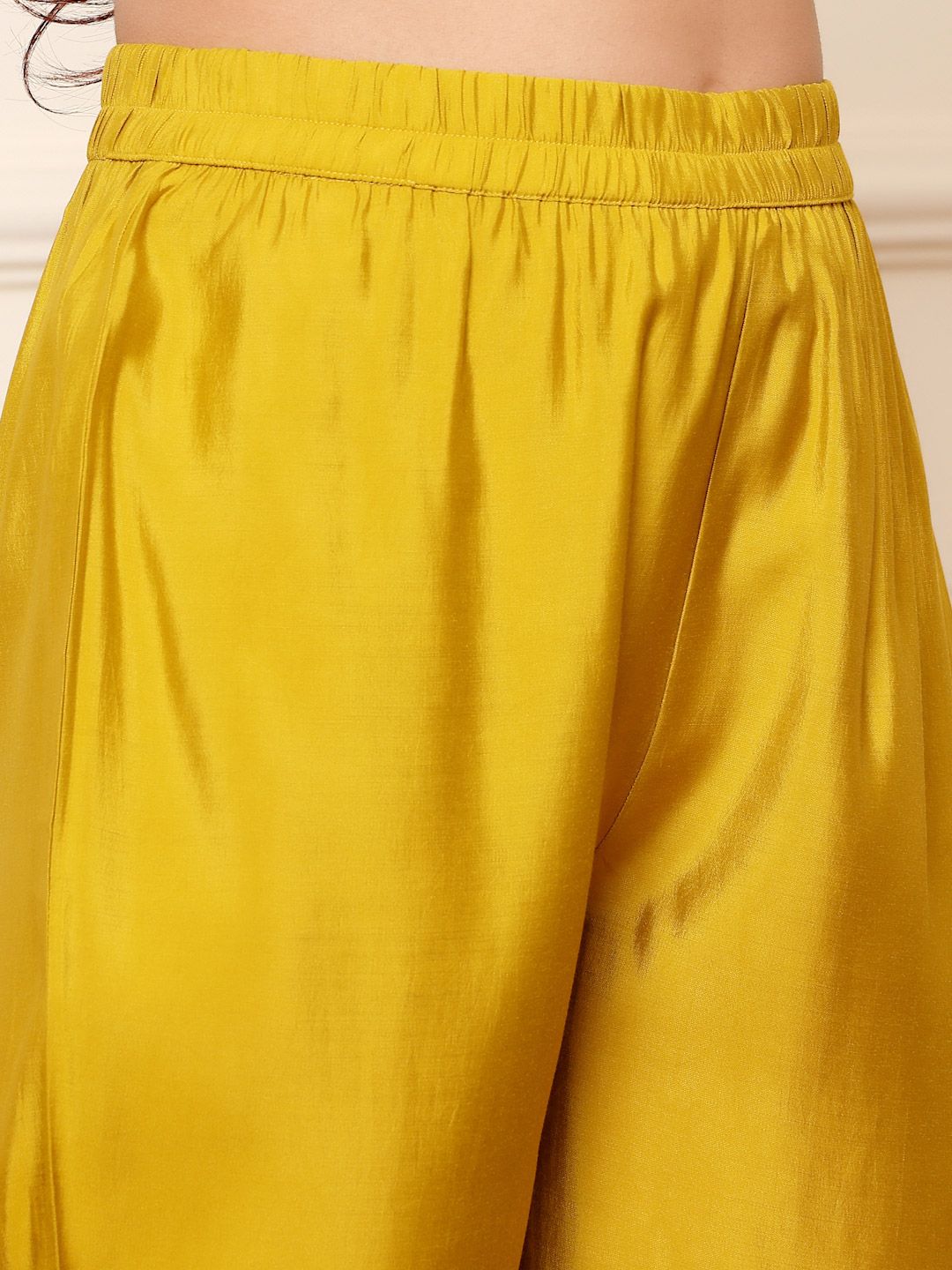 Mustard Quirky Printed V-Neck Chanderi Silk Straight Kurta With Trousers