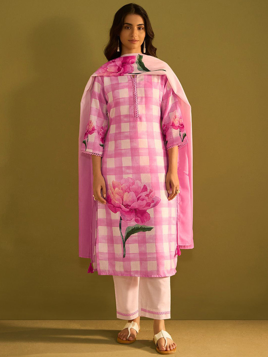 Checked V-Neck Linen Straight Kurta With Trousers & Dupatta