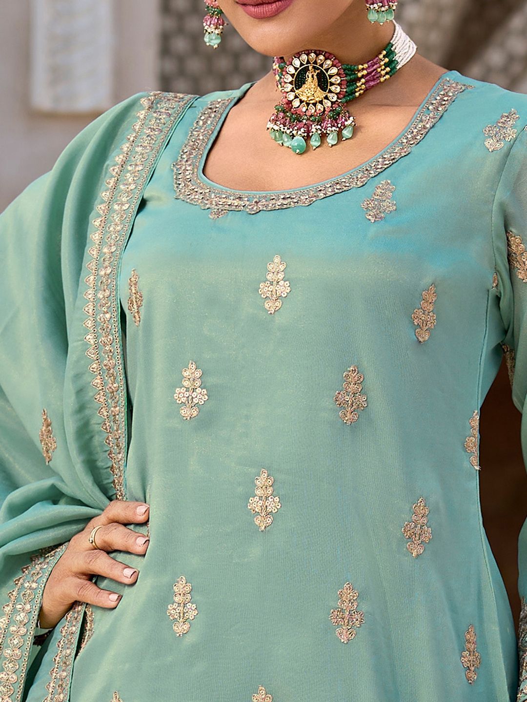 Dhiyona IE Women Ethnic Motifs Embroidered Regular Sequinned Kurta & Trousers & Dupatta