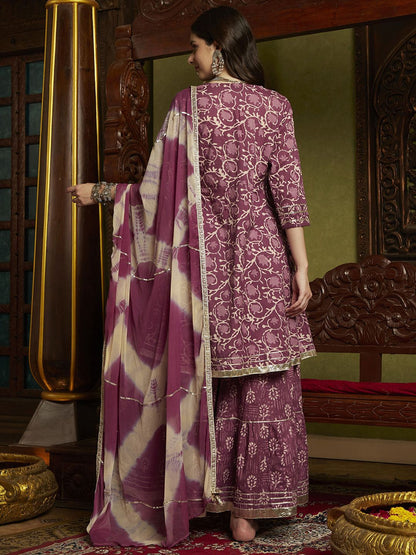 Dhiyona SN Women's Purple Ethnic Motifs Printed A-Line Kurti & Sharara With Dupatta