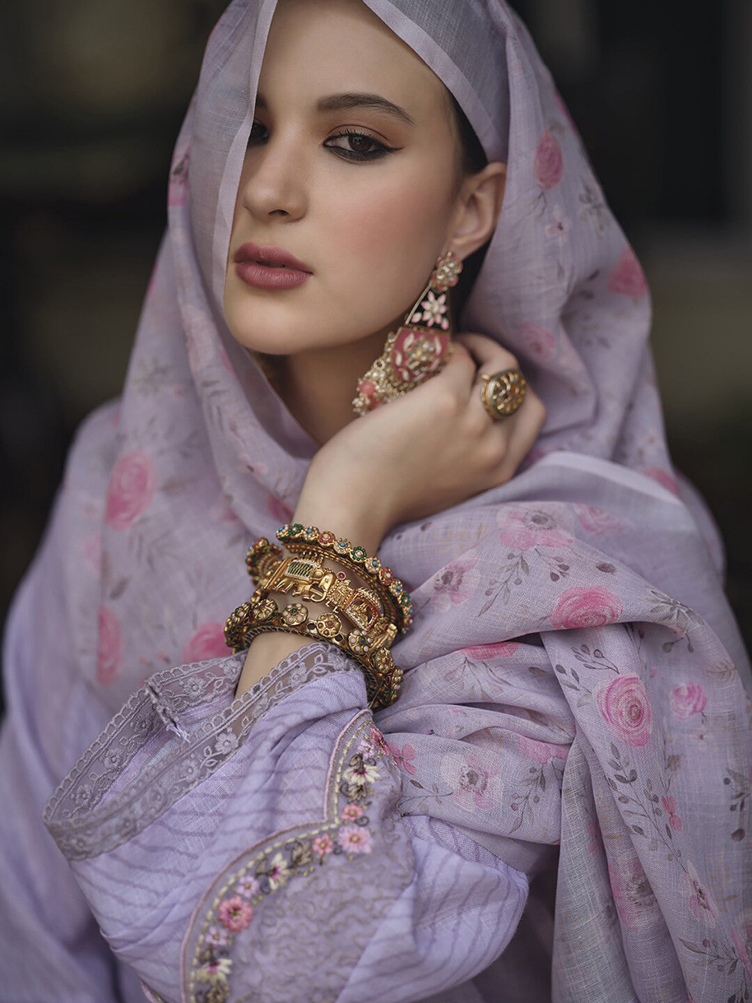 Lavender & Pink Floral Embroidered Thread Work Linen Kurta Set