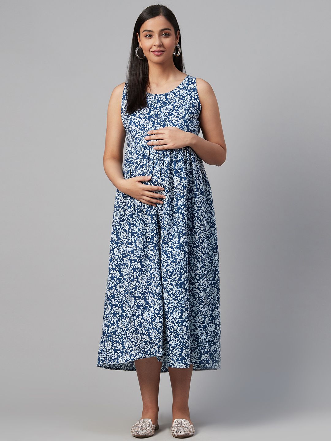 Dhiyona AY Women's Blue & White Ethnic Motifs Printed Cotton Maternity A-Line Dress with Ethnic Jacket