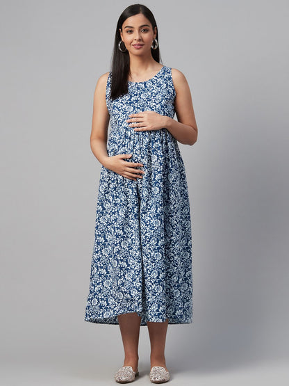 Dhiyona AY Women's Blue & White Ethnic Motifs Printed Cotton Maternity A-Line Dress with Ethnic Jacket