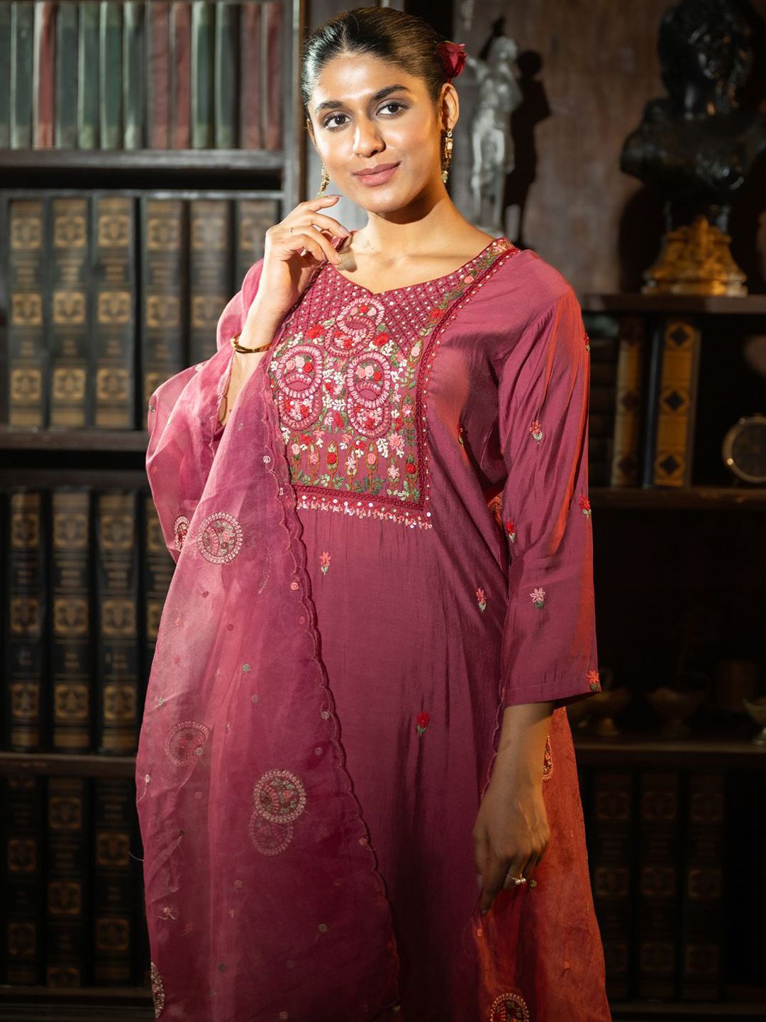 Floral Embroidered Thread Work Kurta With Trousers & Dupatta