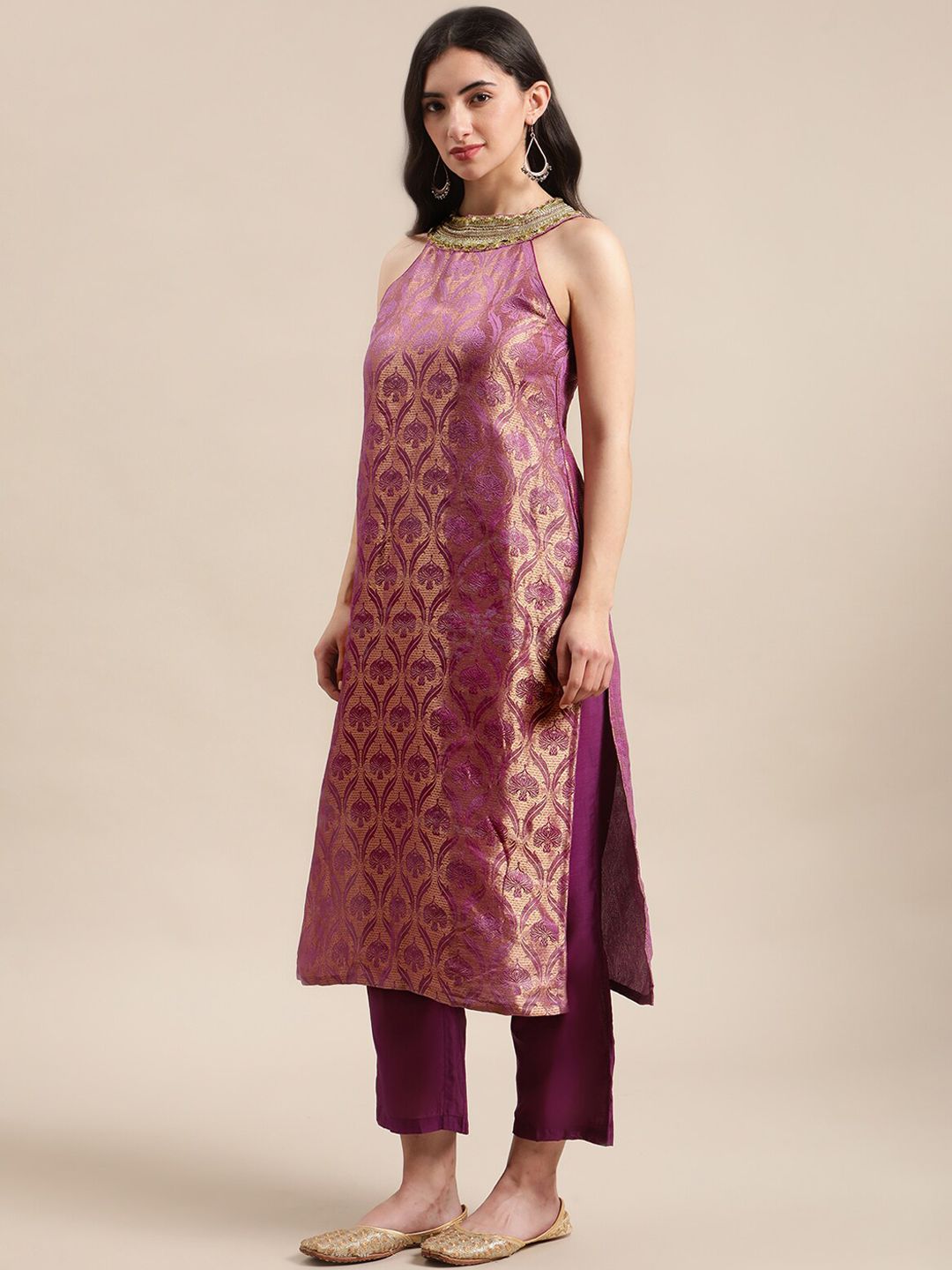 Dhiyona VA Women Purple Ethnic Motifs Woven Design Kurta With Palazzos & Dupatta
