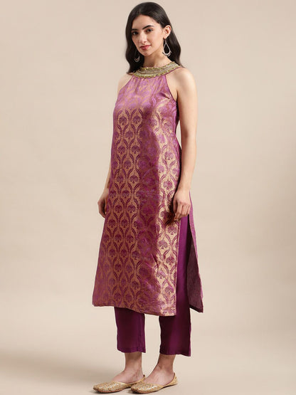 Dhiyona VA Women Purple Ethnic Motifs Woven Design Kurta With Palazzos & Dupatta
