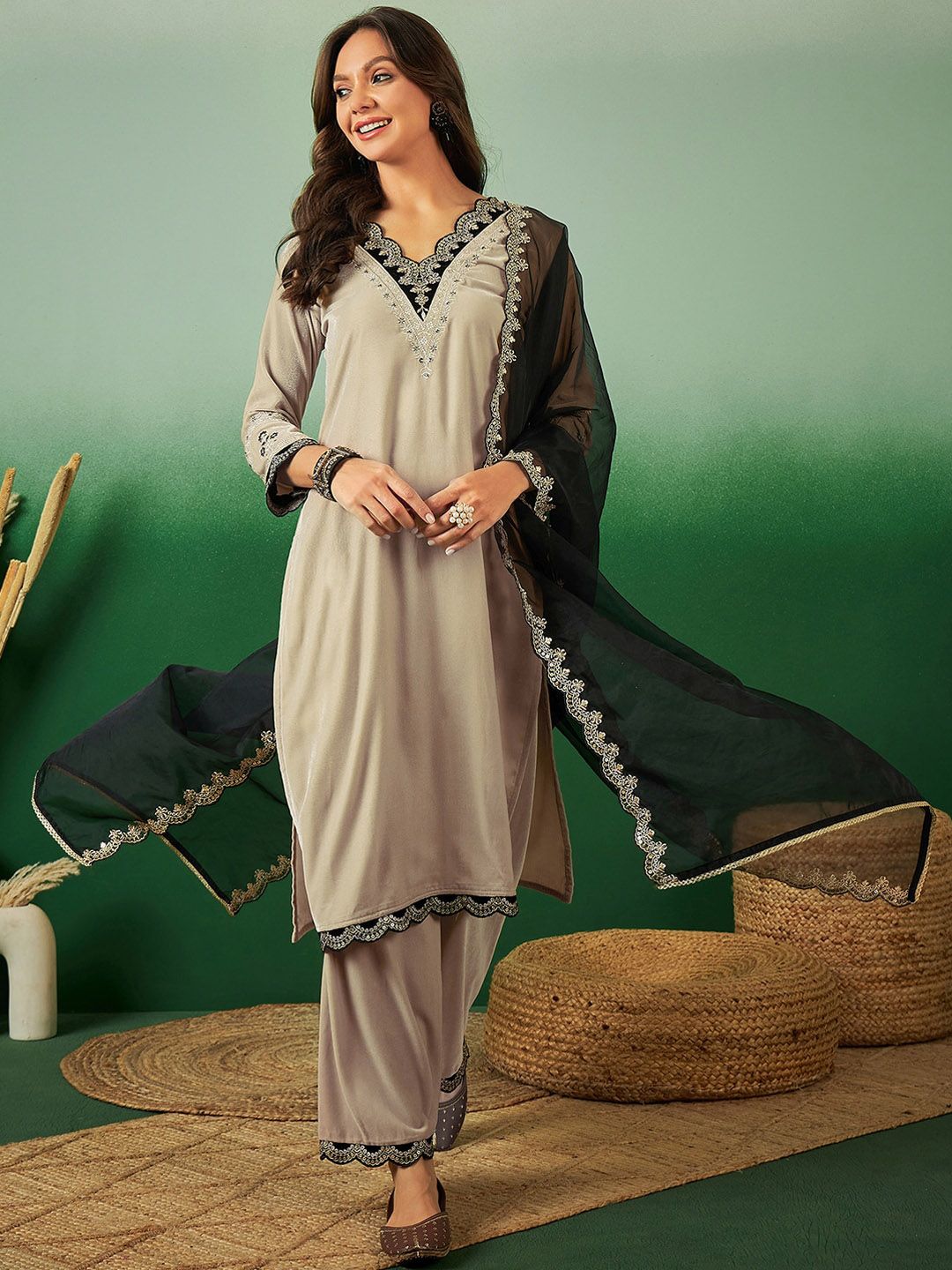 Dhiyona SN Ethnic Motifs Embroidered Sequined Velvet Kurta & Palazzos With Dupatta