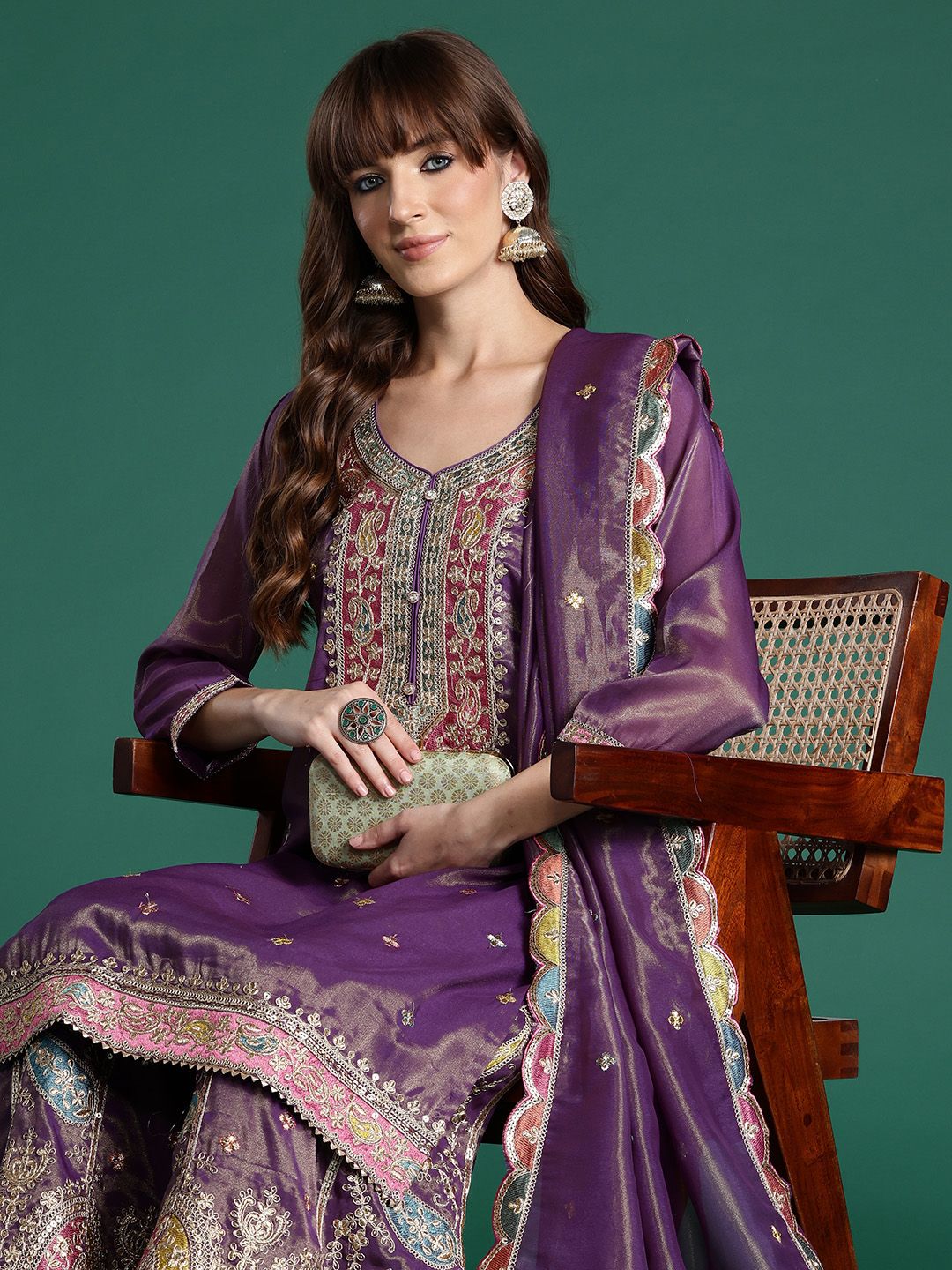 Dhiyona IE Ethnic Motifs Embroidered Sequinned Kurta with Palazzos & Dupatta