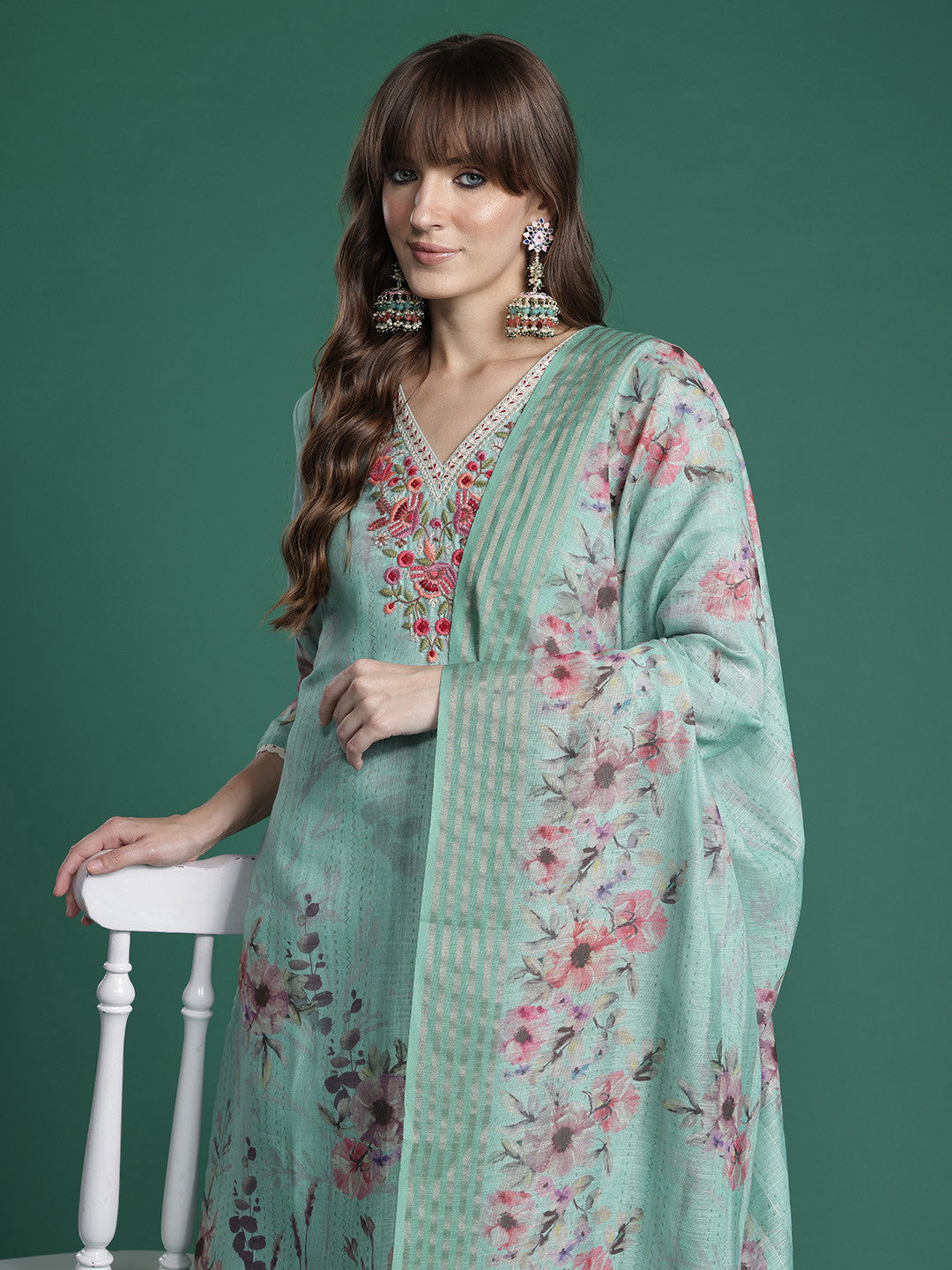 Floral Embroidered Thread Work Linen Kurta with Trousers & With Dupatta