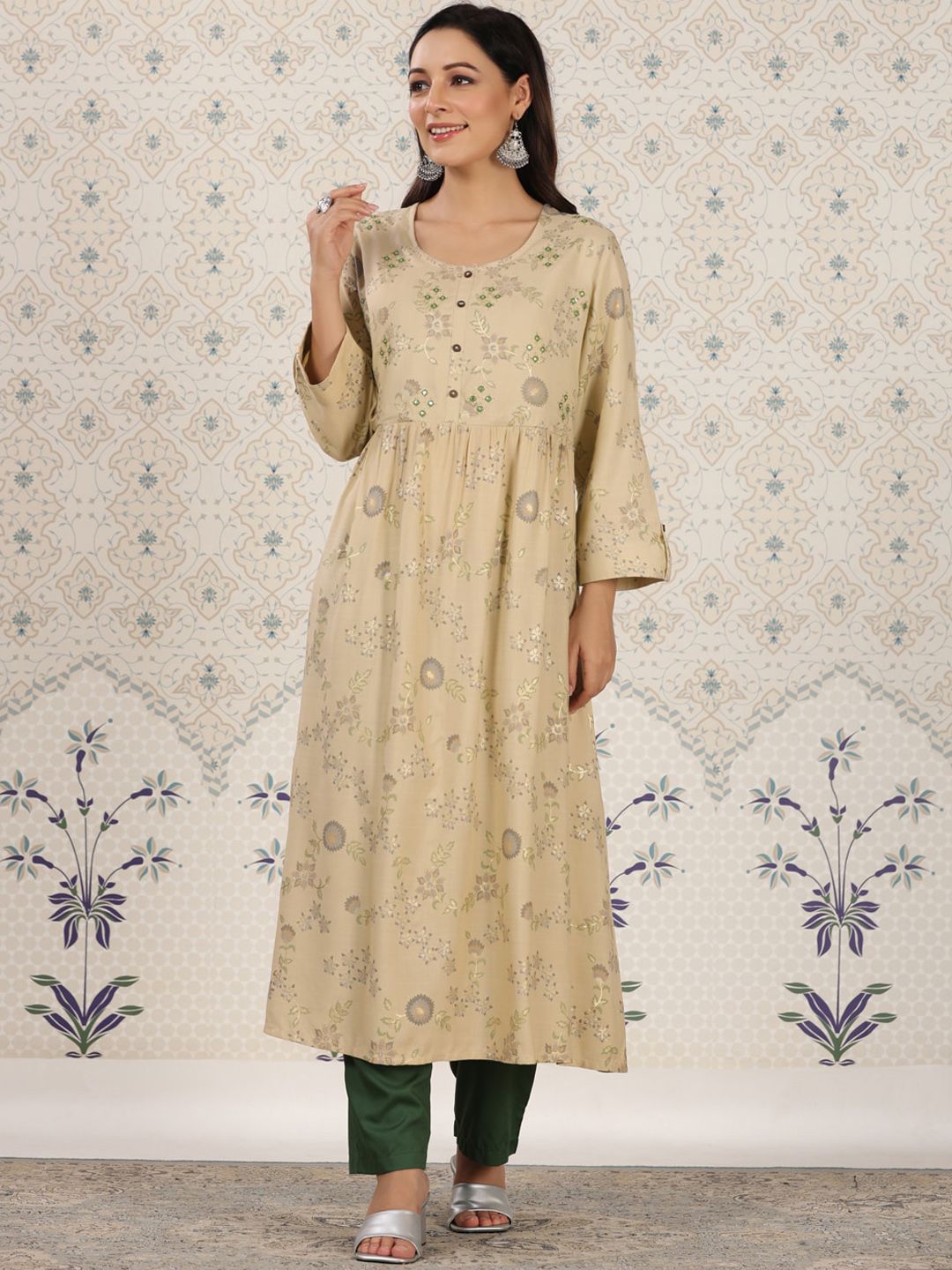 Dhiyona OD  Ethnic motifs Printed Mirror Work Detailed A-Line Kurta