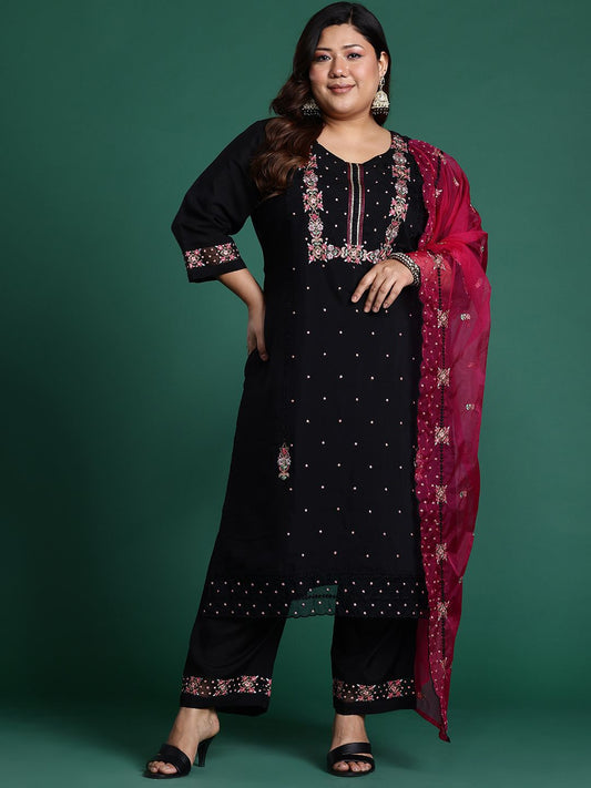 Dhiyona Women's Plus Size Floral Embroidered Sequinned Kurta with Trousers & Dupatta