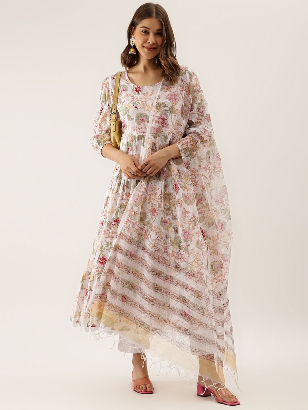 Dhiyona KL Floral Printed Puffed Sleeves Pure Cotton Anarkali Kurta & Trousers With Dupatta