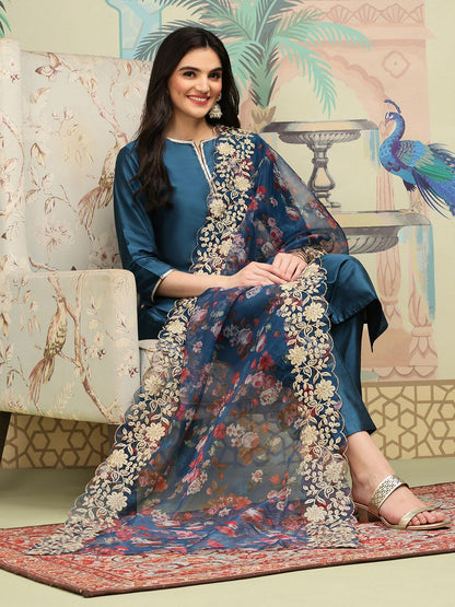 Dhiyona IS Women's Notch Neck Thread Work Silk Crepe Straight Kurta with Trousers & Dupatta