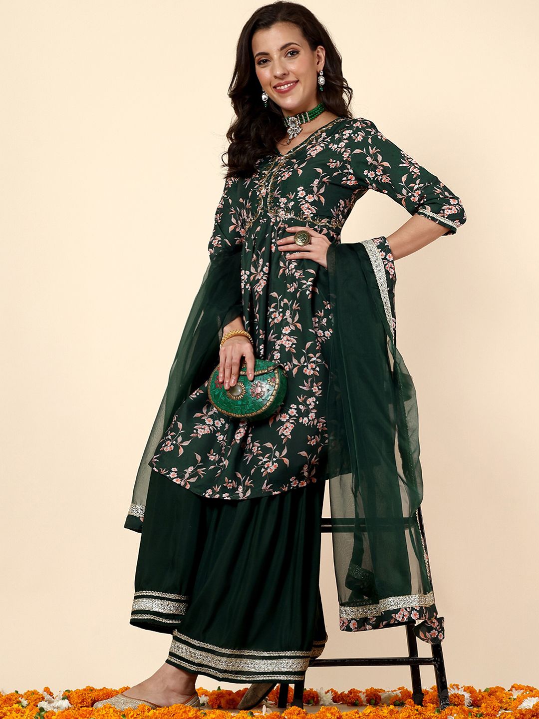 Dhiyona AN Floral Printed Anarkali Kurta with Sharara & With Dupatta