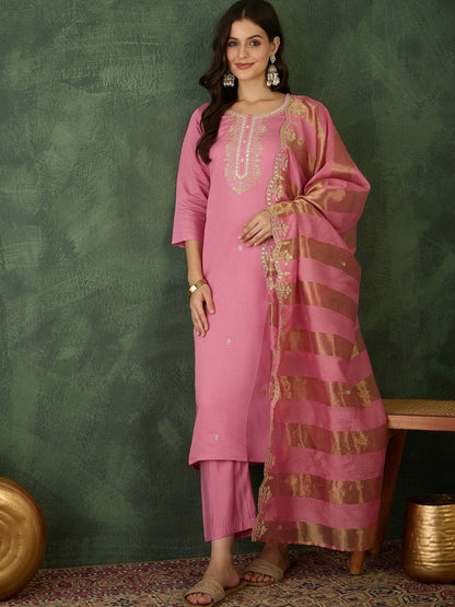 Dhiyona KL Women Floral Embroidered Regular Thread Work Kurta With Trousers & Dupatta