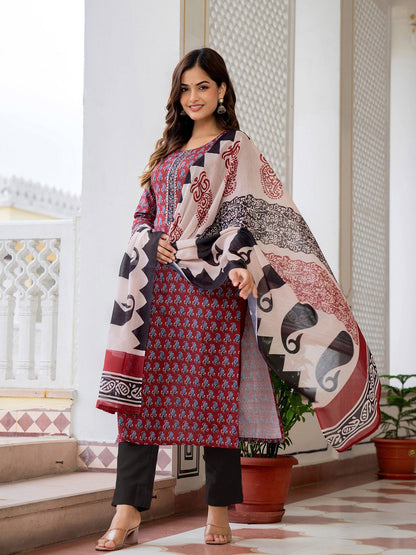 Dhiyona KL Ethnic Motifs Printed Regular Straight Kurta with Trousers & Dupatta