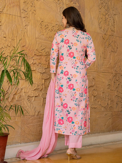 Dhiyona KL Floral Printed V-Neck Thread Work Straight Kurta With Trousers & Dupatta
