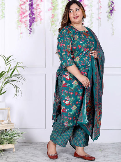 Dhiyona KL Plus Size Floral Printed Regular Pure Cotton Straight Kurta With Trousers & Dupatta