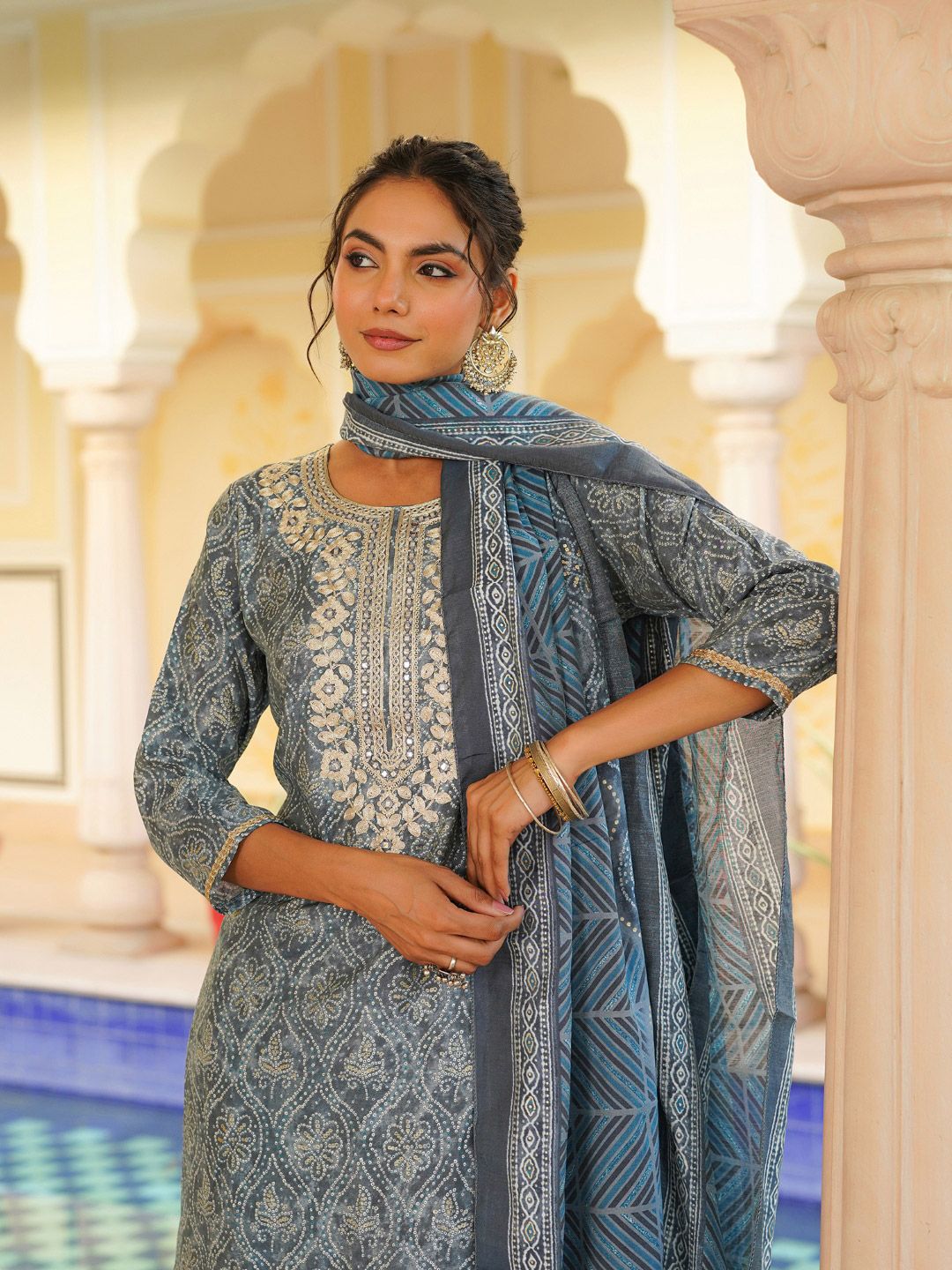 Dhiyona KL Women Ethnic Motifs Embroidered Regular Mirror Work Kurta with Trousers & Dupatta