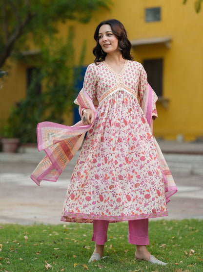 Dhiyona RR Women's Ethnic Motifs Printed Pure Cotton Kurta with Trousers & Dupatta