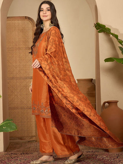 Dhiyona SN Zari Sequence Embroidered Kurta With Palazzo & Dupatta
