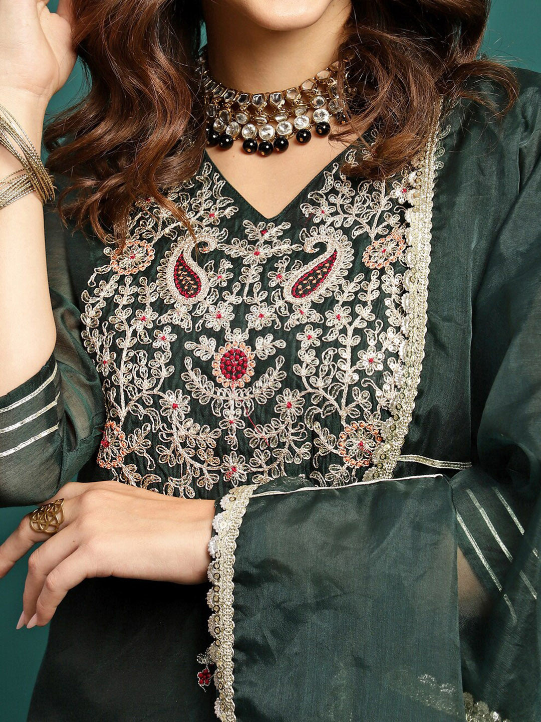 Embroidered Straight Kurta With Trouser & Dupatta Set