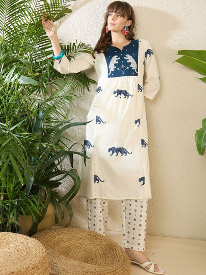 Dhiyona IE Embroidered Round Neck Three-Quarter Sleeves Pure Cotton Tunic And Trousers