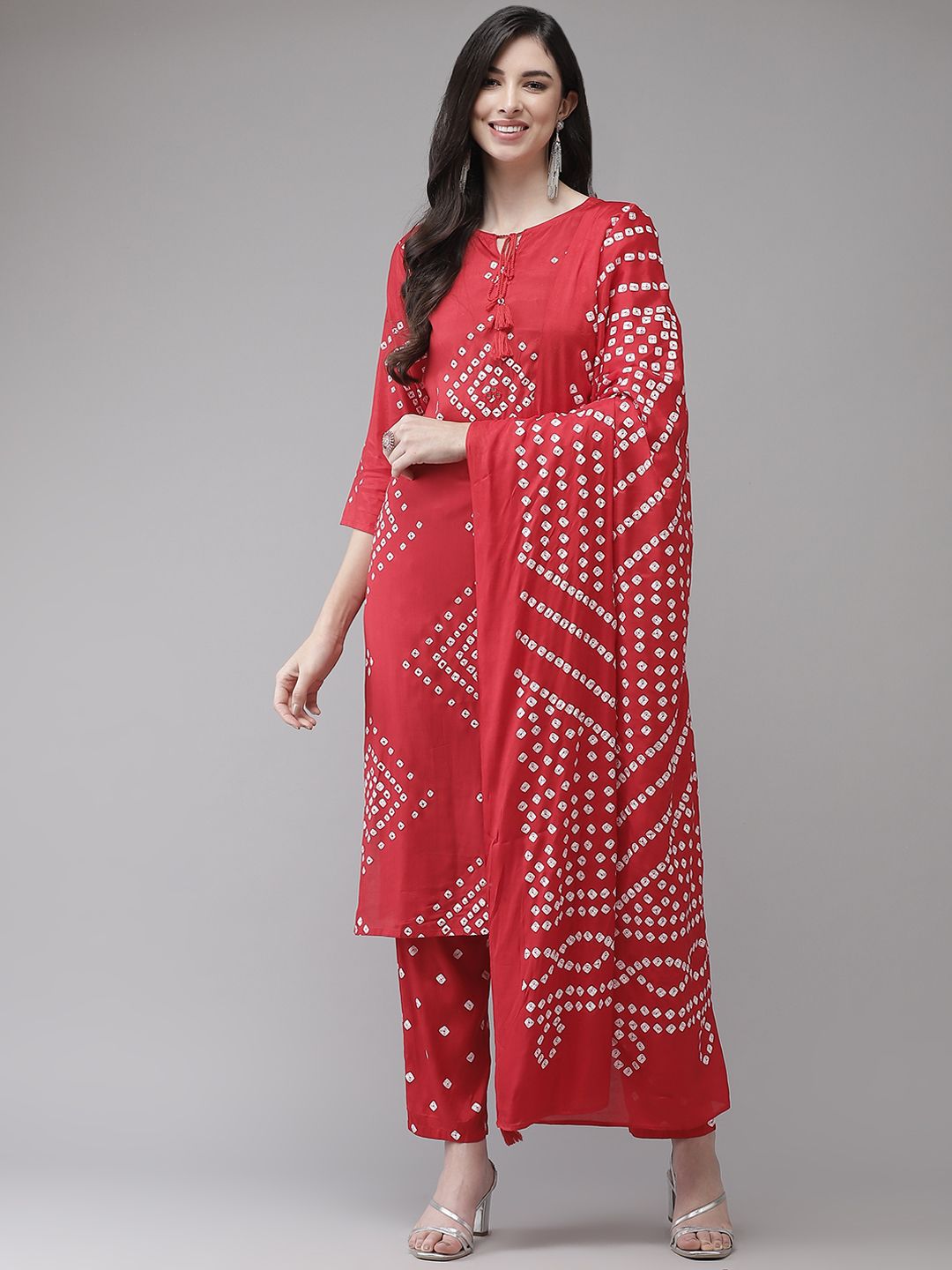 Dhiyona IS Women's Women Red Bandhani Printed Regular Kurta with Trousers & With Dupatta