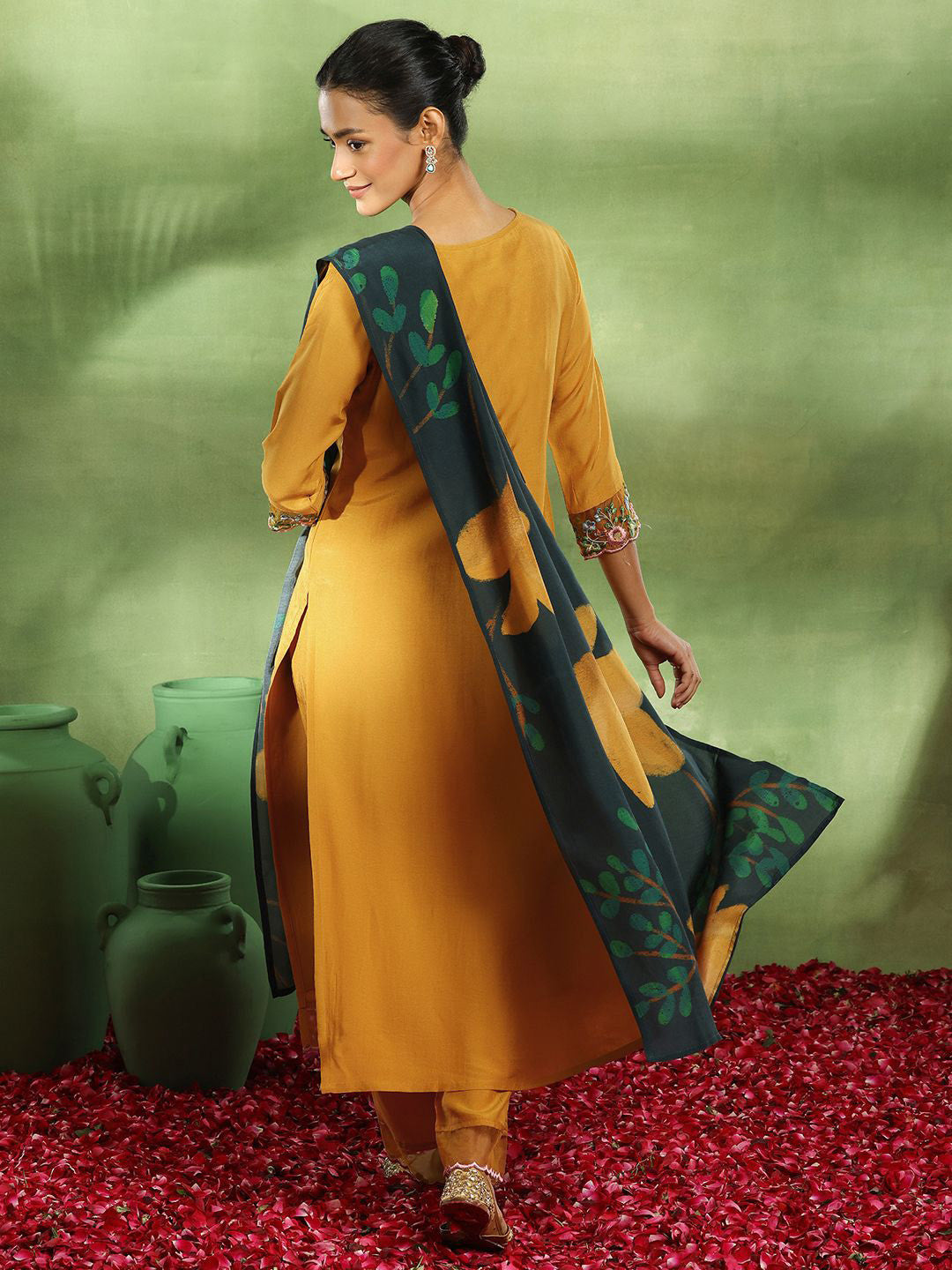 Floral Yoke Design Thread Work Kurta with Trouser & Dupatta