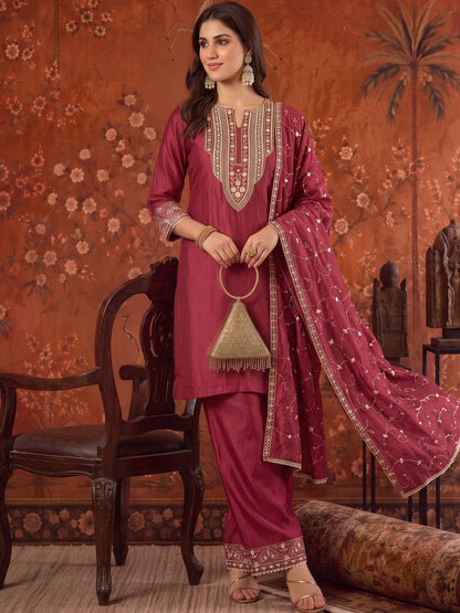 Embroidered Round Neck Kurta & Palazzos With Dupatta