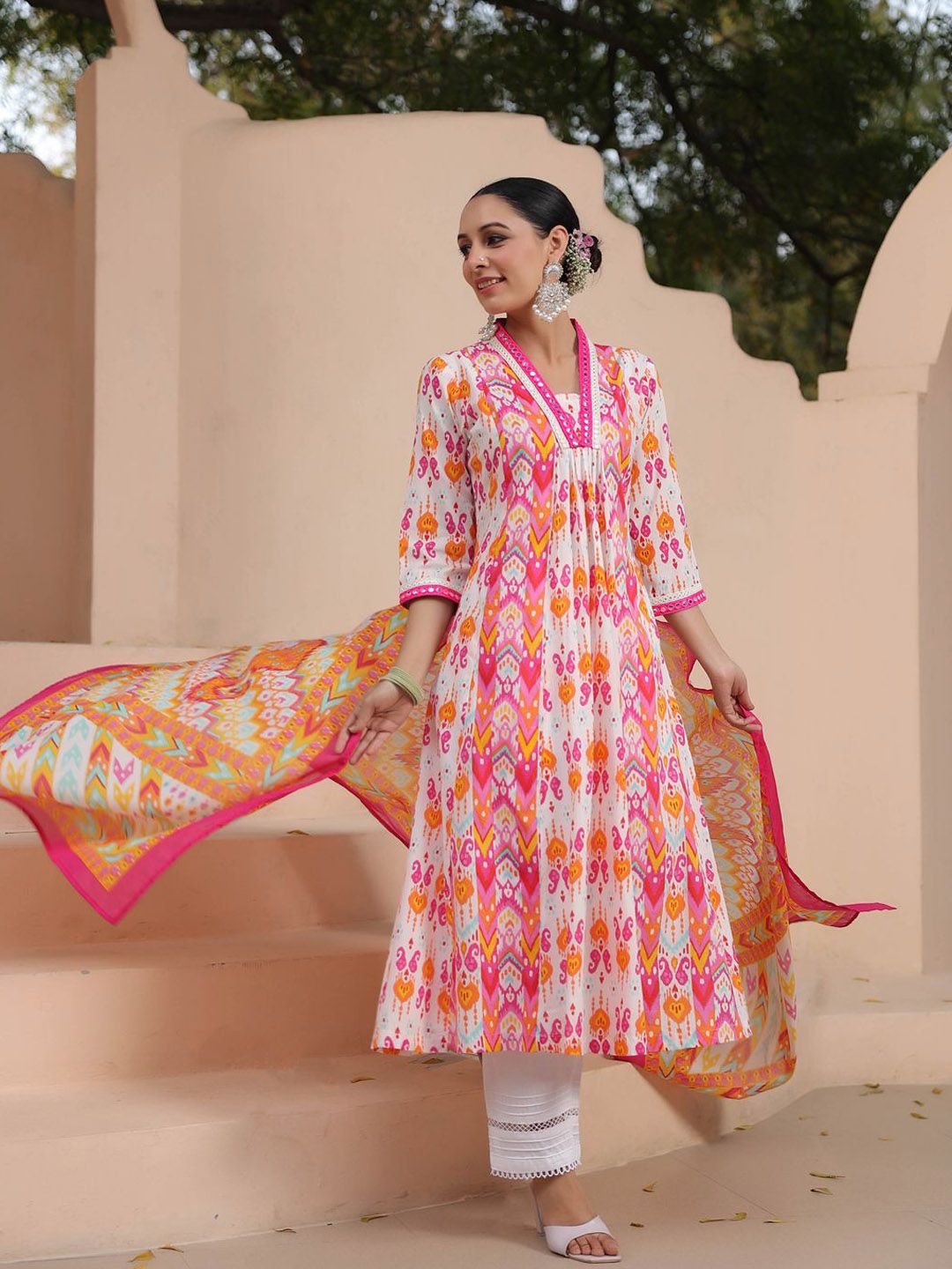Dhiyona RR Women's Ethnic Motifs Printed Mirror Work Pure Cotton Kurta Trousers & Dupatta