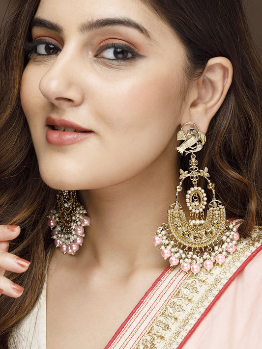 Dhiyona RJ Women's 18K Gold-Plated Large Chandbali Earrings with Pink Beads and Pearl Accents