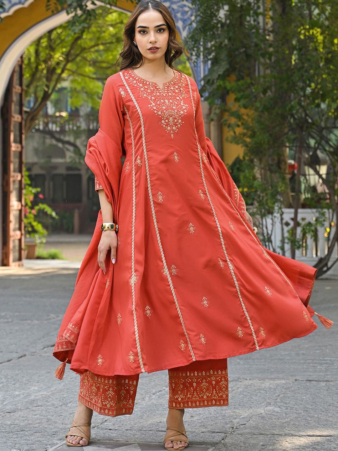 Dhiyona KL Women Embroidered Empire Sequinned Kurta with Palazzos & With Dupatta