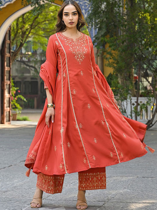 Dhiyona KL Women Embroidered Empire Sequinned Kurta with Palazzos & With Dupatta