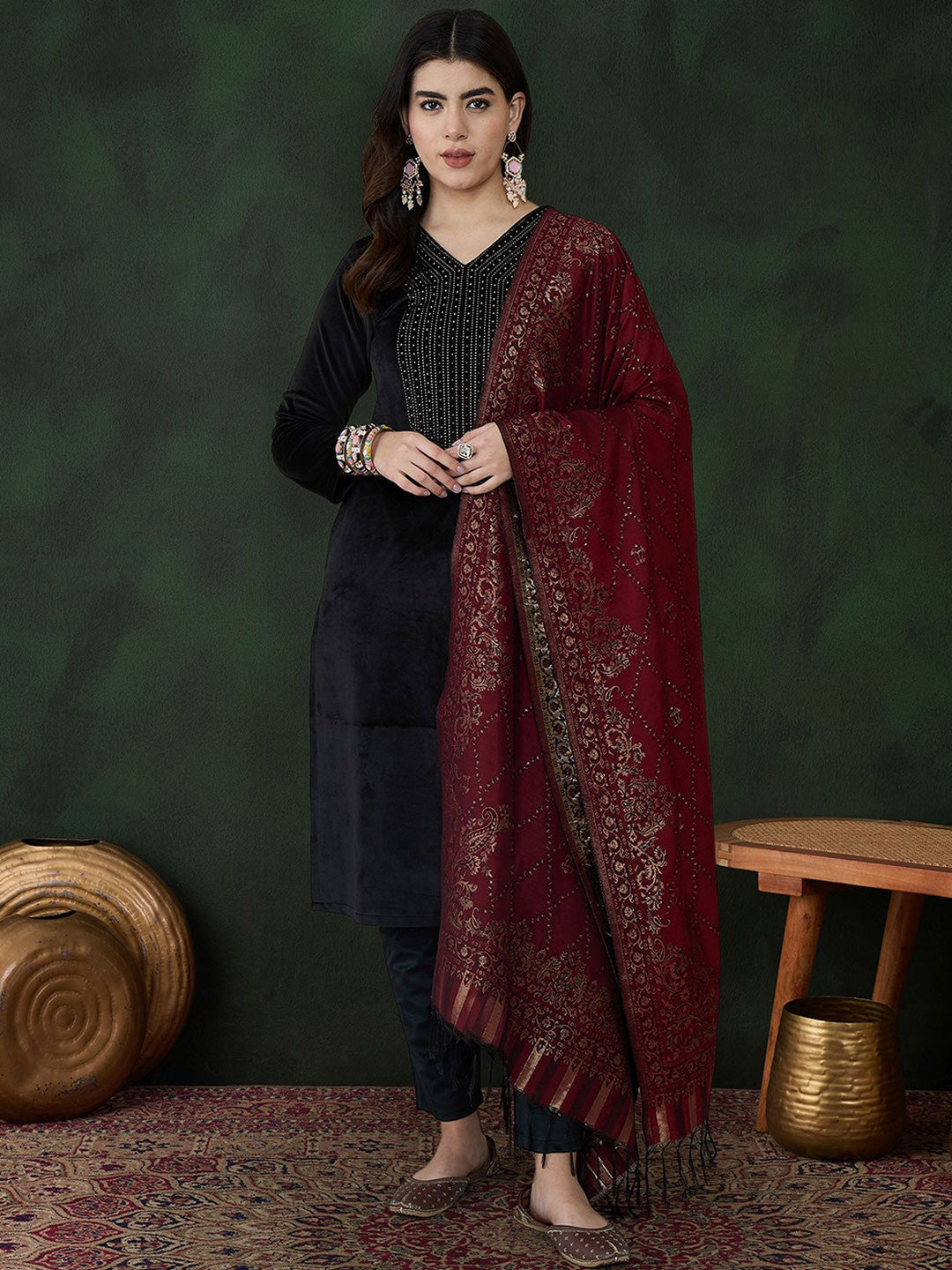 Black Geometric Yoke Design V-Neck Velvet Kurta With Trouser With Dupatta