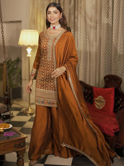 Dhiyona LL Ethnic Motifs Embroidered Sequinned Kurta with Palazzos & With Dupatta