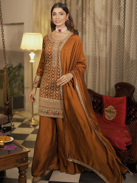 Dhiyona LL Ethnic Motifs Embroidered Sequinned Kurta with Palazzos & With Dupatta