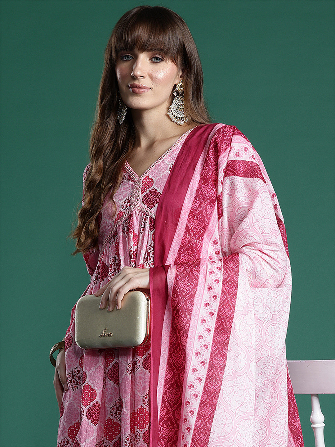 Ethnic Motifs Printed Empire Mirror Work Pure Cotton Kurta Set