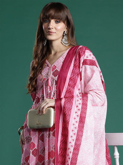 Ethnic Motifs Printed Empire Mirror Work Pure Cotton Kurta Set