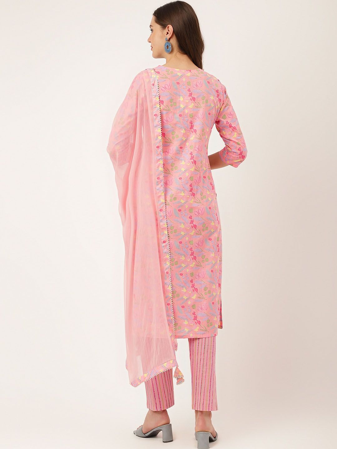 Dhiyona KL Floral Printed Mirror Work Pure Cotton Kurta With Trousers & Dupatta