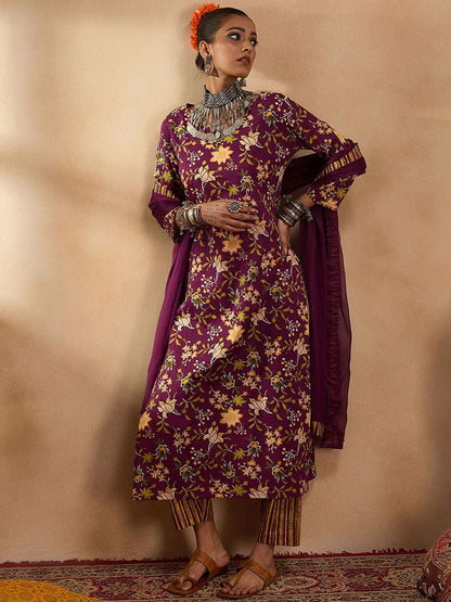 Dhiyona IE Floral Printed Straight Pure Cotton Kurta with Trousers & Dupatta