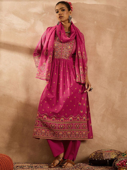 Dhiyona IE Women Floral Printed Panelled Mirror Work Pure Cotton Kurta with Trousers & With Dupatta