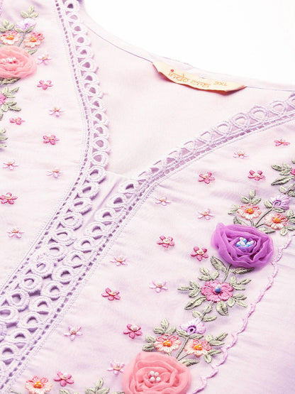 Dhiyona Women's Plus Size Floral Embroidered Beads & Stones Kurta with Trousers & With Dupatta