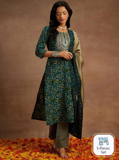 Floral Printed Regular Sequinned Kurta & Trousers With Dupatta