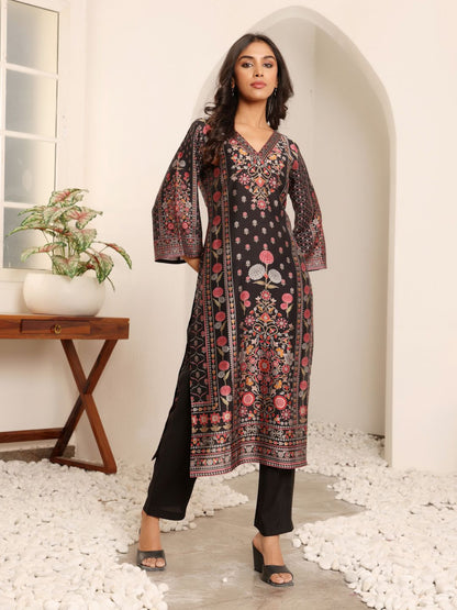 Dhiyona VA Women'sFloral Printed V-Neck A-Line Chanderi Silk Straight Kurta with Trousers