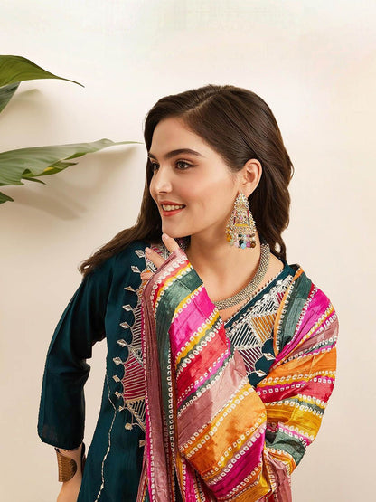 Dhiyona IS Women's Ethnic Motifs Embroidered Pure Cotton Straight Kurta with Trousers & Dupatta