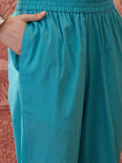 Floral Printed Round Neck Lace Hem Kurta & Trousers With Dupatta