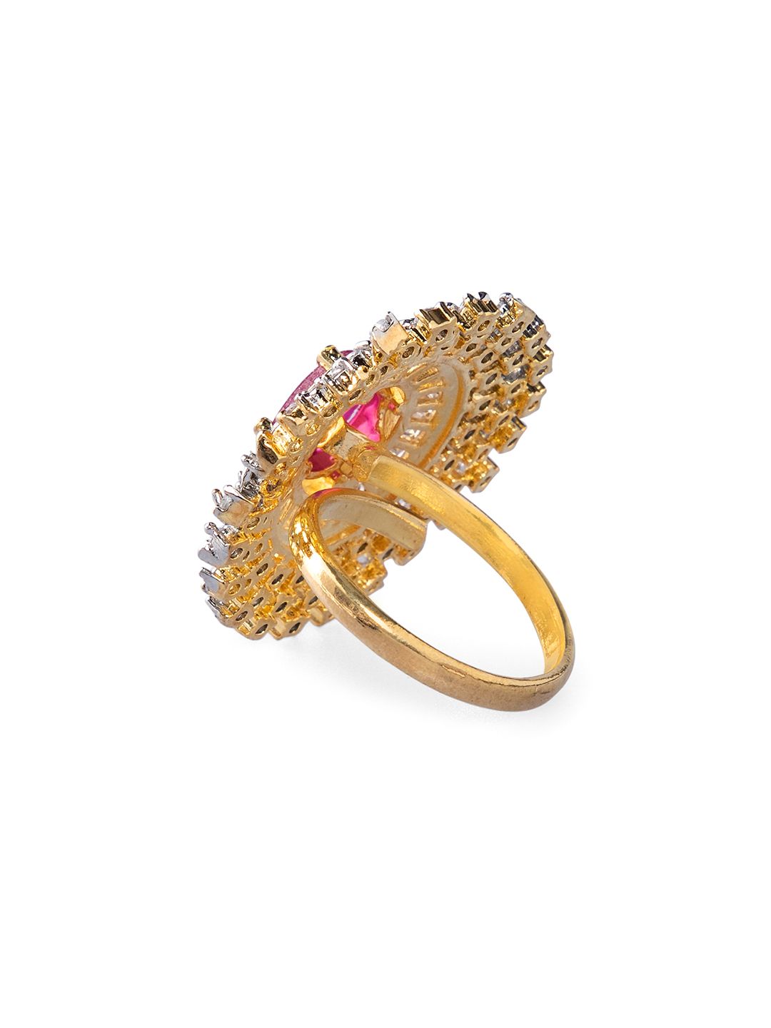 Dhiyona RJ Women's Rhodium-Plated Ruby Pink AD & White Cubic Zirconia Studded Adjustable Finger Ring