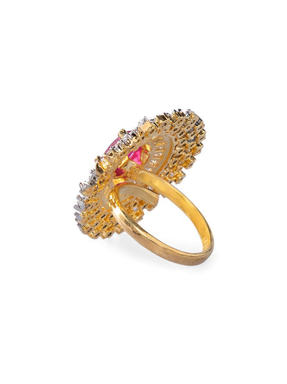 Dhiyona RJ Women's Rhodium-Plated Ruby Pink AD & White Cubic Zirconia Studded Adjustable Finger Ring