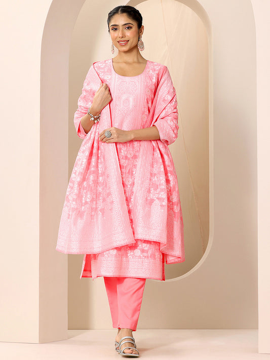 Floral Woven Design Chanderi Silk Kurta With Trouser And Dupatta